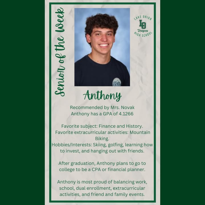 Huge congratulations to our high school intern, Anthony, on being named the next Lake Orion Review Senior of the Week!
