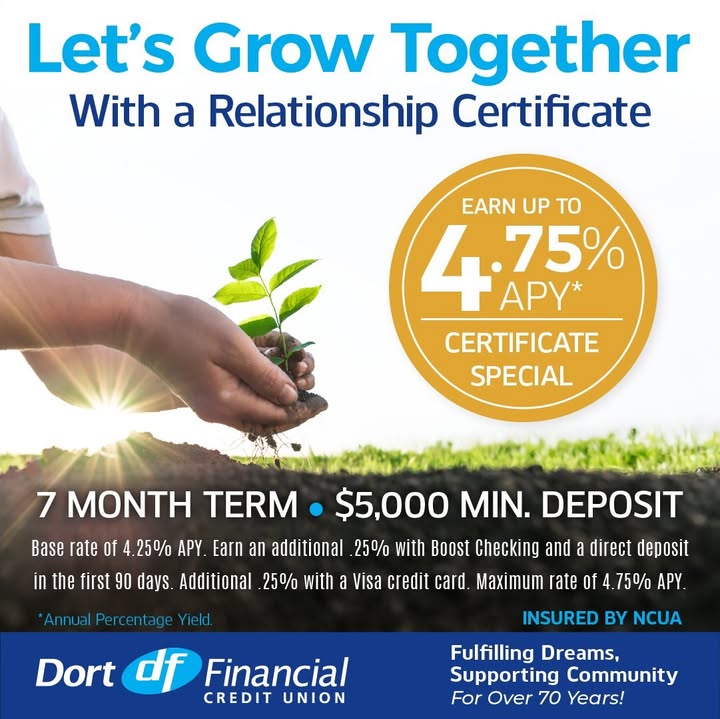 Dort Financial Credit Union is currently offering a certificate special for a limited time!